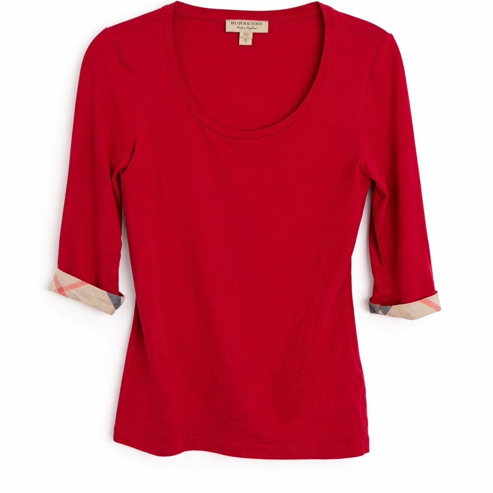 Burberry London Red Top XS Nova Check Trim 3/4 Sleeve Designer Shirt Classic - Picture 2 of 4